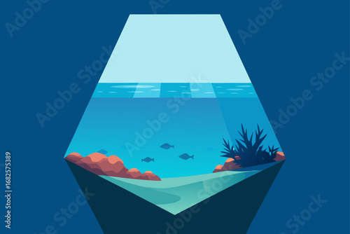 Stylized underwater scene with fish swimming near coral and rocks under a beam of light