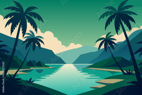 Serene tropical landscape with calm turquoise water distant mountains and silhouetted palm trees under a gradient sky