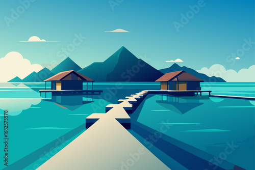 Serene tropical overwater bungalows connected by a walkway with mountains in the background