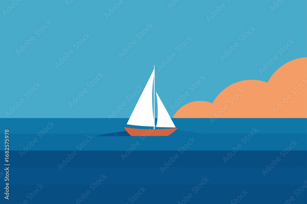 Naklejka premium Minimalist illustration of a sailboat with white sails on a calm blue ocean with an orange cloud formation in the distance