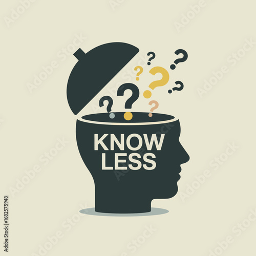 Conceptual illustration of a silhouette of a human head with its top open revealing question marks and the words know less symbolizing confusion ignorance or a lack of understanding