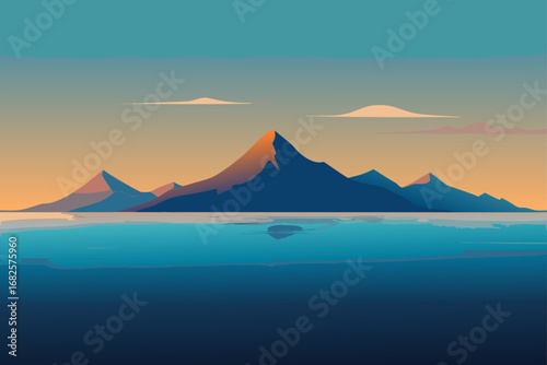 Serene mountain range reflected in calm water at sunset with warm sky and scattered clouds