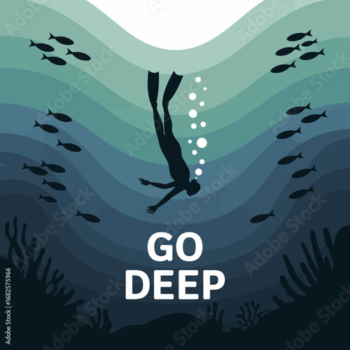 A lone diver descends into the deep blue ocean surrounded by schools of fish with the motivational phrase go deep displayed prominently