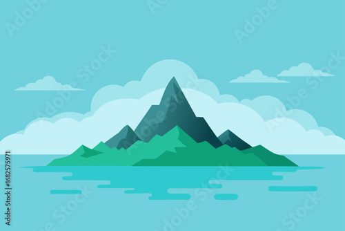 Stylized illustration of a jagged mountain island rising from calm turquoise water under a cloudy blue sky