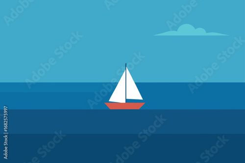 Minimalist flat design illustration of a single red sailboat with white sails on a calm blue ocean under a clear sky with a single cloud