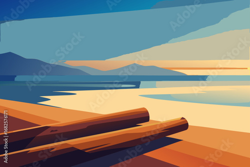 Stylized minimalist landscape with calm water sandy beach and distant mountains under a gradient sky