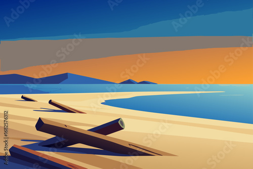 Stylized beach scene with wooden sea defenses against a backdrop of mountains and a vibrant sunset sky