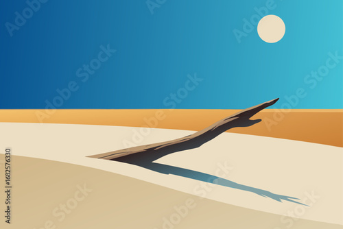 A solitary piece of driftwood casts a long shadow across the sandy dunes under a clear blue sky with a pale sun