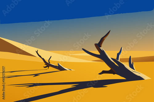 Stylized desert landscape with dead trees and long shadows under a vibrant blue and orange sky