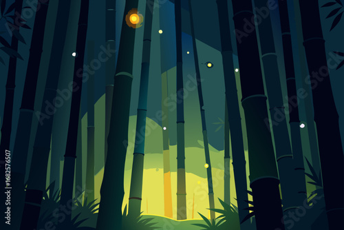 Enchanting night scene in a dark bamboo forest illuminated by warm glowing lanterns and fireflies