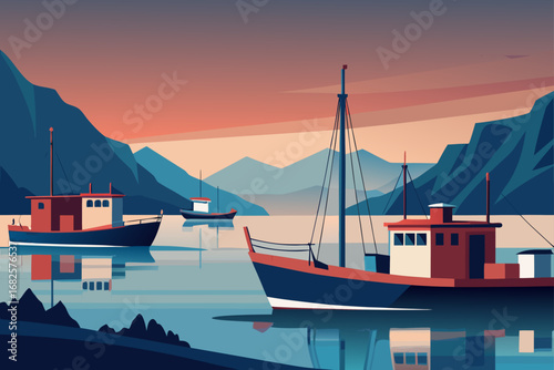 Tranquil harbor scene with fishing boats docked against a backdrop of majestic mountains and a vibrant sunset sky