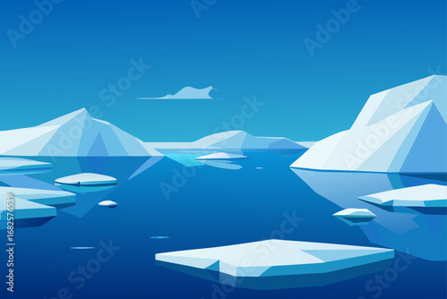 Minimalist arctic landscape with floating icebergs and calm blue water under a clear sky