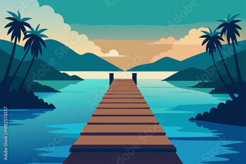 Wooden pier extending into a calm tropical bay with palm trees and mountains at sunset