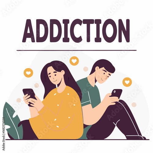 Addiction Concept – Smartphone Addiction, Young Couple Spending Time Online, Man and Woman Using Mobile Phones Flat Vector Illustration
