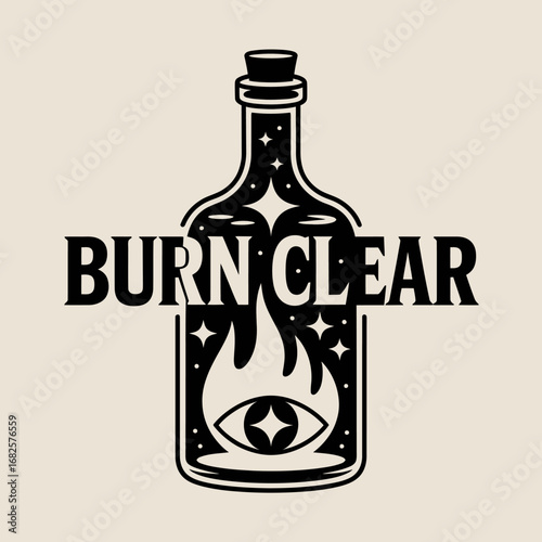Mysterious glass bottle with occult symbols and the phrase burn clear representing magic alchemy and transformation with a vintage aesthetic