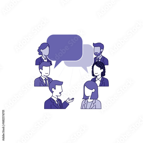 Leadership teamwork for a conference meeting showing collaboration, discussion, and brainstorming to announce a strategy. An icon set of diverse characters