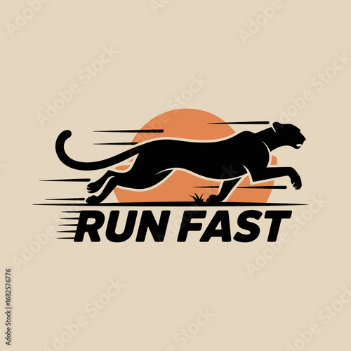 Dynamic silhouette of a black panther in full stride against a vibrant sunset conveying speed and power with the bold text run fast
