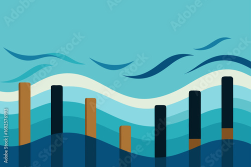 Abstract illustration of a financial bar chart with rising and falling trends depicted by ocean waves and varying bar heights