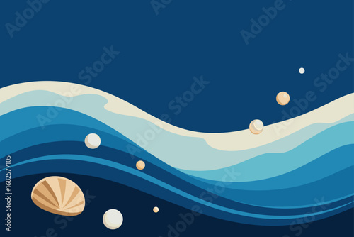 Stylized abstract ocean waves with pearls and a seashell in a deep blue background