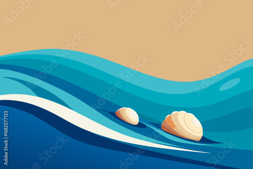 Stylized illustration of gentle blue ocean waves with two seashells on a sandy beach background