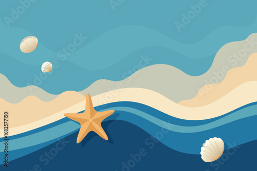 Stylized ocean waves and sandy beach with starfish and seashells in a flat design