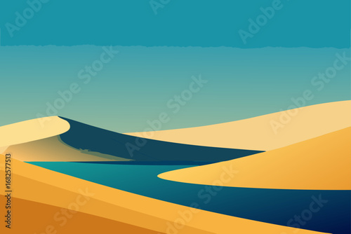 Stylized desert landscape with rolling sand dunes and a winding turquoise oasis water feature under a clear blue sky