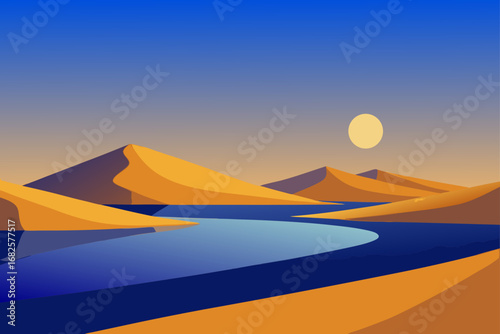 Stylized desert landscape with golden sand dunes and a winding blue river under a gradient sky with a sun