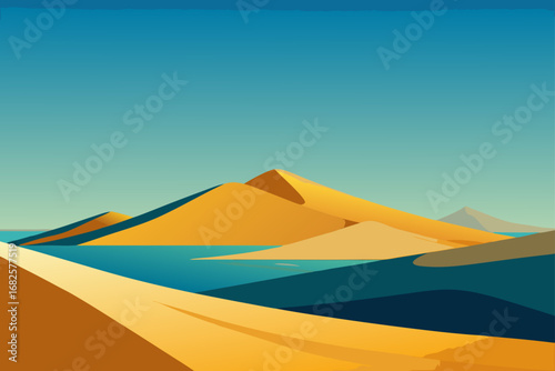 Stylized desert landscape with golden sand dunes and a tranquil blue oasis under a clear sky