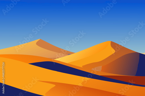 Stylized desert landscape with rolling sand dunes under a clear blue sky
