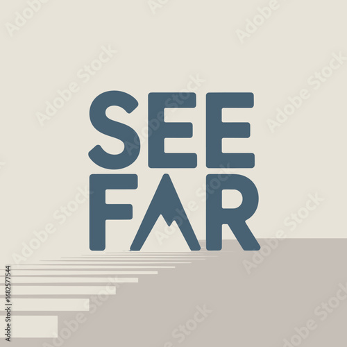 Modern typography with the words see far in bold blue letters against a neutral background with subtle shadow lines creating a sense of depth and perspective