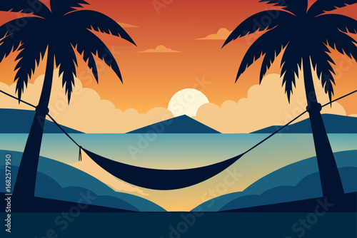 Serene tropical sunset with a hammock strung between two palm trees overlooking a calm ocean and distant mountains