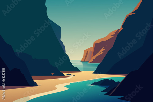 Stylized illustration of a serene coastal landscape with dramatic cliffs and a sandy beach leading to the ocean