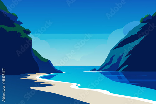 Stylized illustration of a serene tropical bay with calm turquoise water and a sandy beach bordered by dramatic cliffs under a clear blue sky
