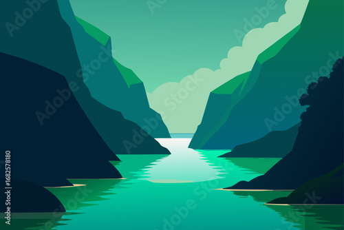 Serene mountain gorge with a winding turquoise river reflecting the sky and clouds