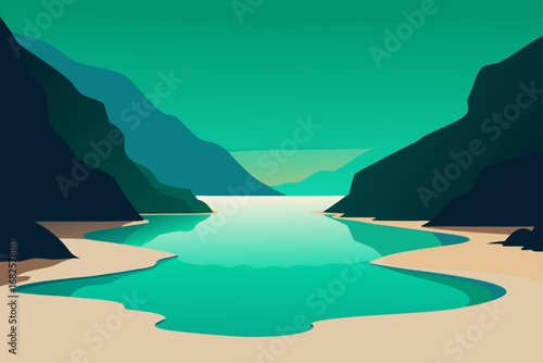 Serene coastal landscape with calm turquoise water reflecting dark green mountains and sandy shores under a clear sky