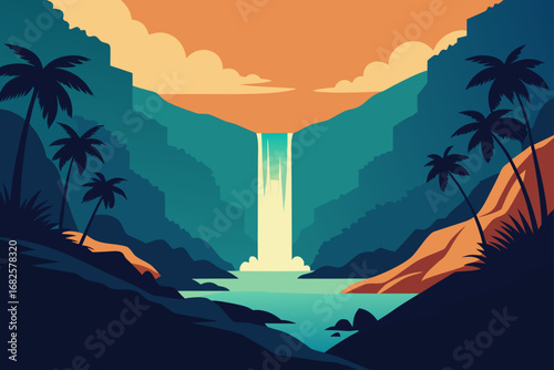 Serene tropical waterfall cascading into a turquoise lagoon surrounded by lush jungle cliffs and palm trees at sunset