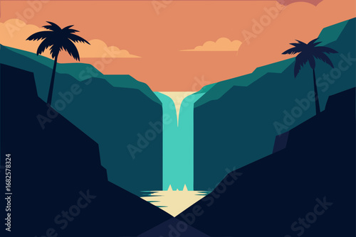 Serene tropical waterfall cascading into a calm pool framed by lush green cliffs and silhouetted palm trees under a warm sunset sky