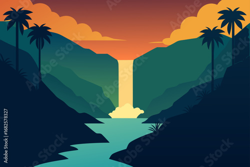 Serene tropical waterfall cascading into a turquoise river at sunset with silhouetted palm trees and dramatic clouds