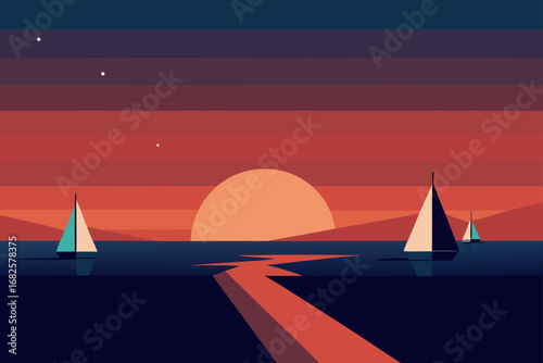Sailboats glide across a calm ocean at sunset with a vibrant orange and red sky and a path of light on the water