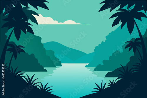 Serene tropical river landscape framed by lush palm trees and verdant hills under a clear sky