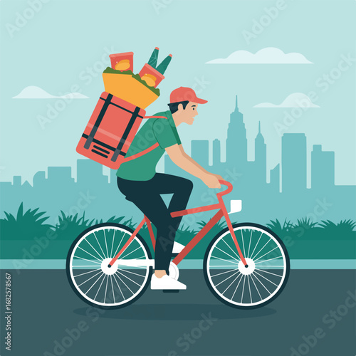 Delivery man riding bicycle with food on the back in the city