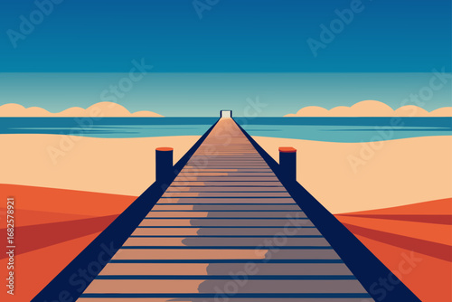 Stylized illustration of a wooden pier stretching across a sandy beach towards the ocean under a clear blue sky with distant clouds