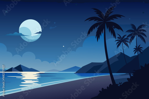 Serene tropical beach at night under a full moon with silhouetted palm trees and calm ocean waves reflecting moonlight