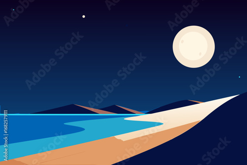 Serene minimalist landscape of a moonlit beach with calm ocean waters and distant mountains under a starry night sky