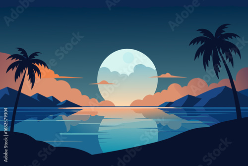 Tranquil tropical sunset with a large moon over calm water and silhouetted palm trees and mountains