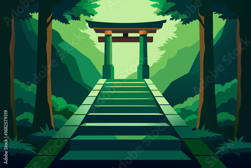 A stone staircase leads up to a traditional japanese torii gate nestled within a lush green forest