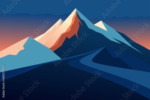 Stylized mountain range with a winding path leading towards snow capped peaks at sunset