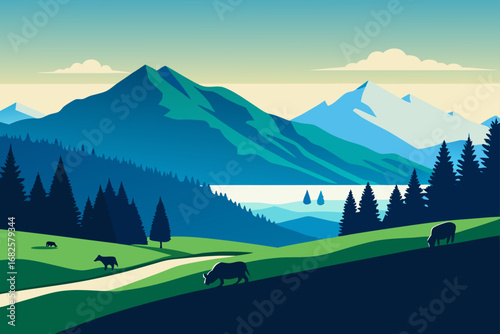 Serene mountain landscape with rolling green hills a tranquil lake and grazing cattle under a clear sky