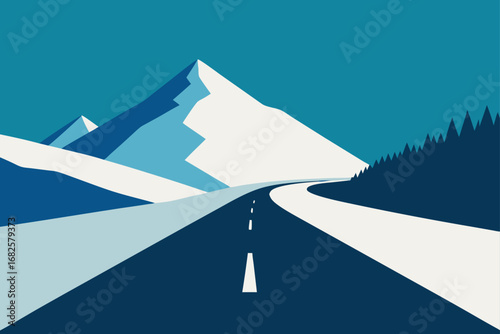 Stylized minimalist illustration of a winding road leading towards snow capped mountains under a clear blue sky