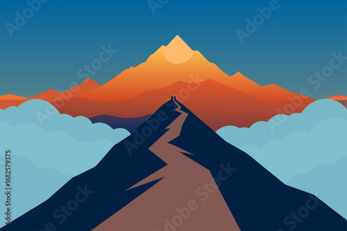Two tiny figures stand on a mountain peak at sunrise silhouetted against a vibrant orange and yellow sky with layers of mountains and clouds